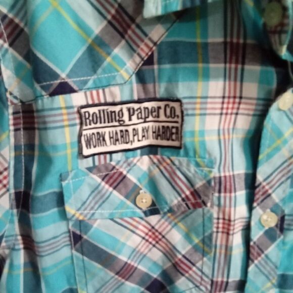Rolling Paper Co. Short Sleeve Button Down Shirt Size M Blue Plaid Patches - Picture 4 of 8
